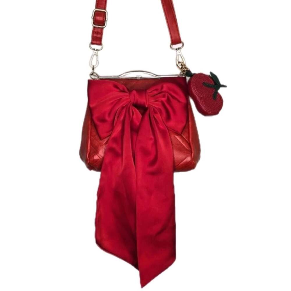 Davis & Towne Red Leather Frame Shoulder Bag with Bow and Cherry Charm